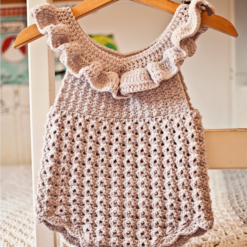 Handmade Crochet Ruffle Baby Romper - Gray